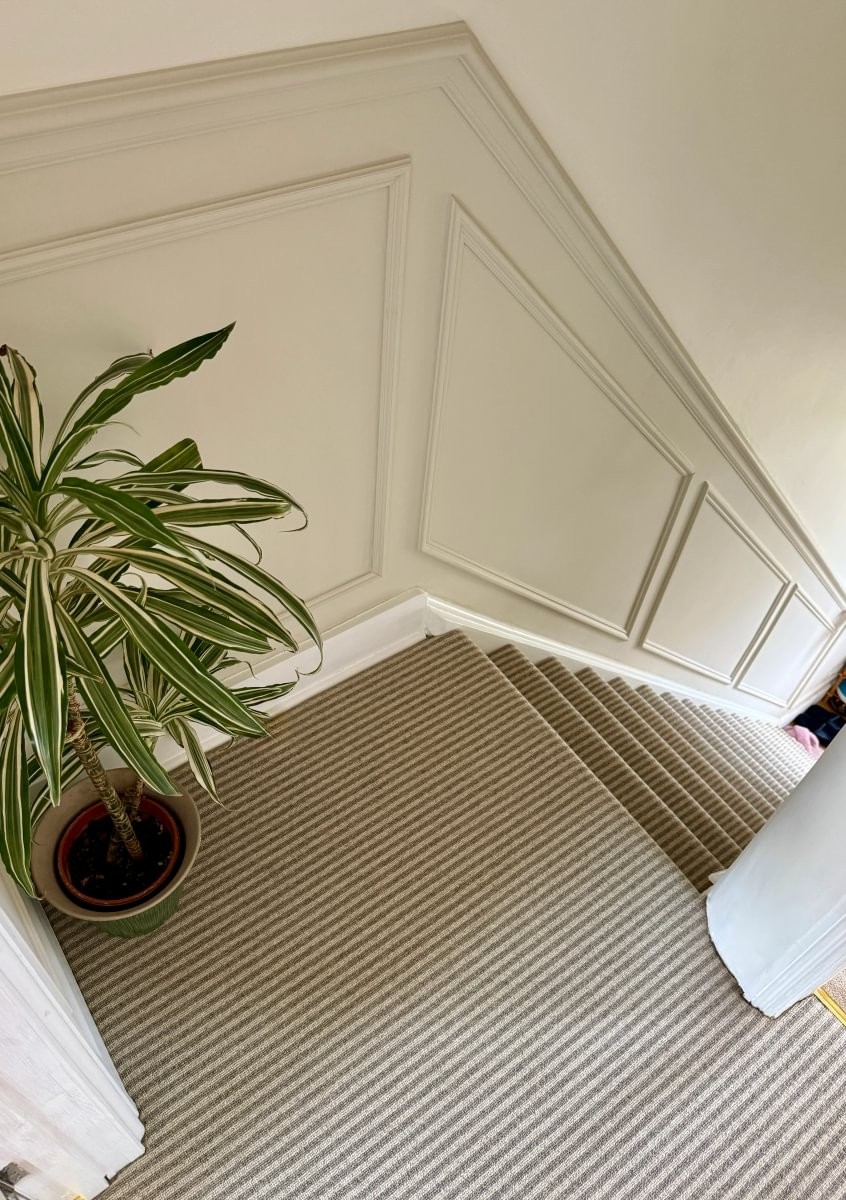 Lerwick Carpet in Stone Cream Stripe Multicoloured Stairs